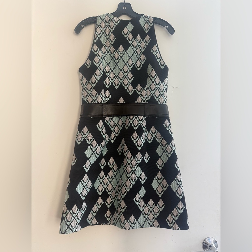 3.1 Phillip Lim Jacquard A Line Dress Black White & Mint Leather Trim Size 6 - Picture 3 of 5